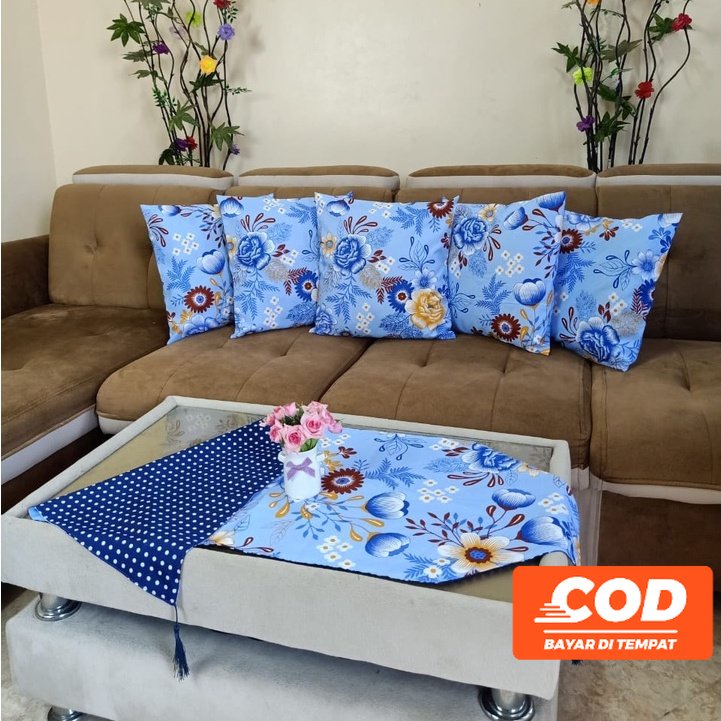 COD PAKET SARUNG BANTAL KURSI SOFA SET 5 PCS 40x40 DAN TAPLAK MEJA TAMU PREMIUM MEWAH ANEKA MOTIF  D