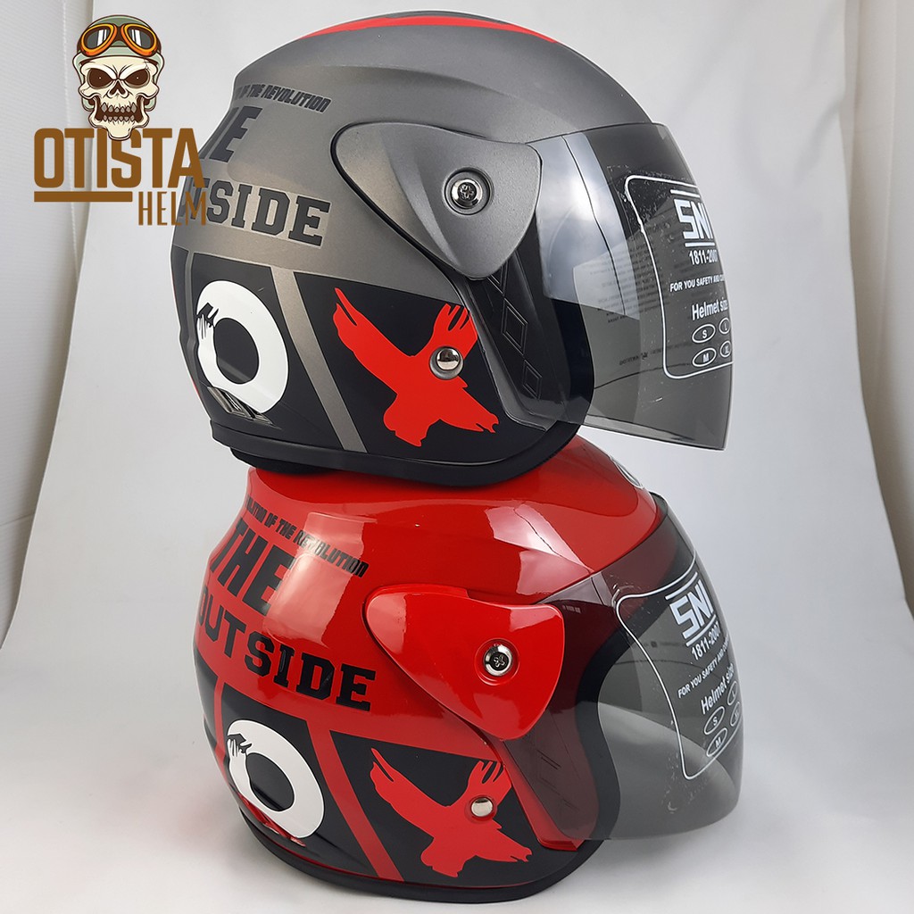 Helm Half Face Bnh evo XO Outside Grey Doff - Red Black Helm Murah L