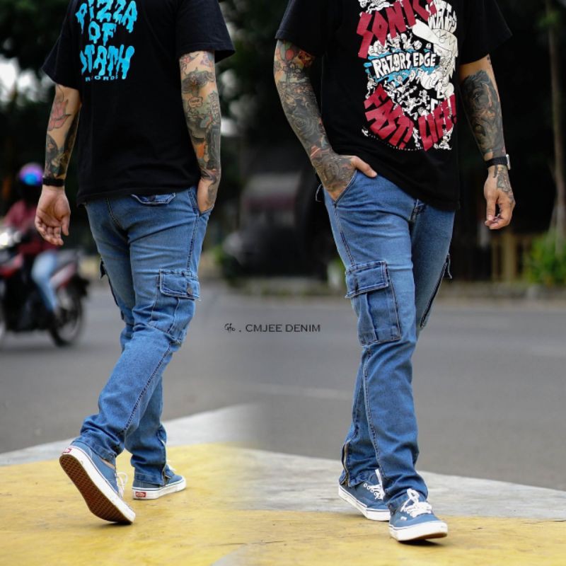 Celana cargo jeans pria blue murah bagus