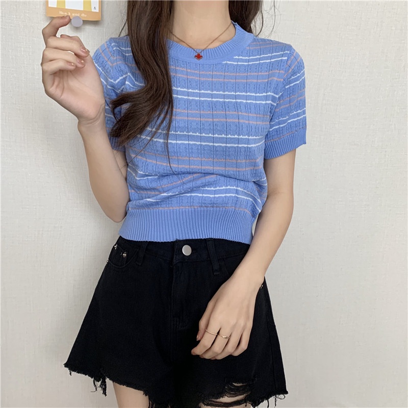 Kaos Rajut Lengan Pendek Wanita Knit T-shirt Baju Atasan Putih Korean Style