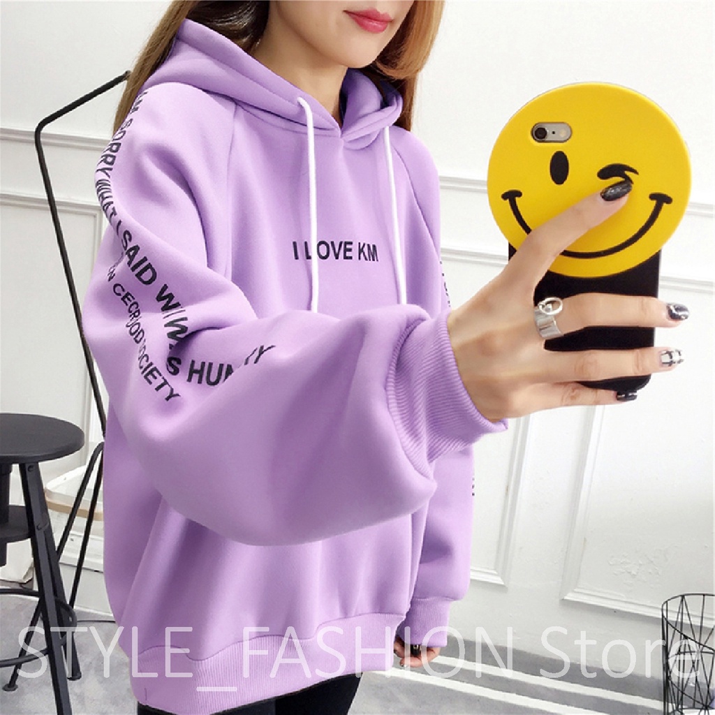 FenishaStore Sweater Hoodie Wanita I LOVE KM Lengan Panjang Size M L XL XXL-Bisa Bayar Ditempat COD