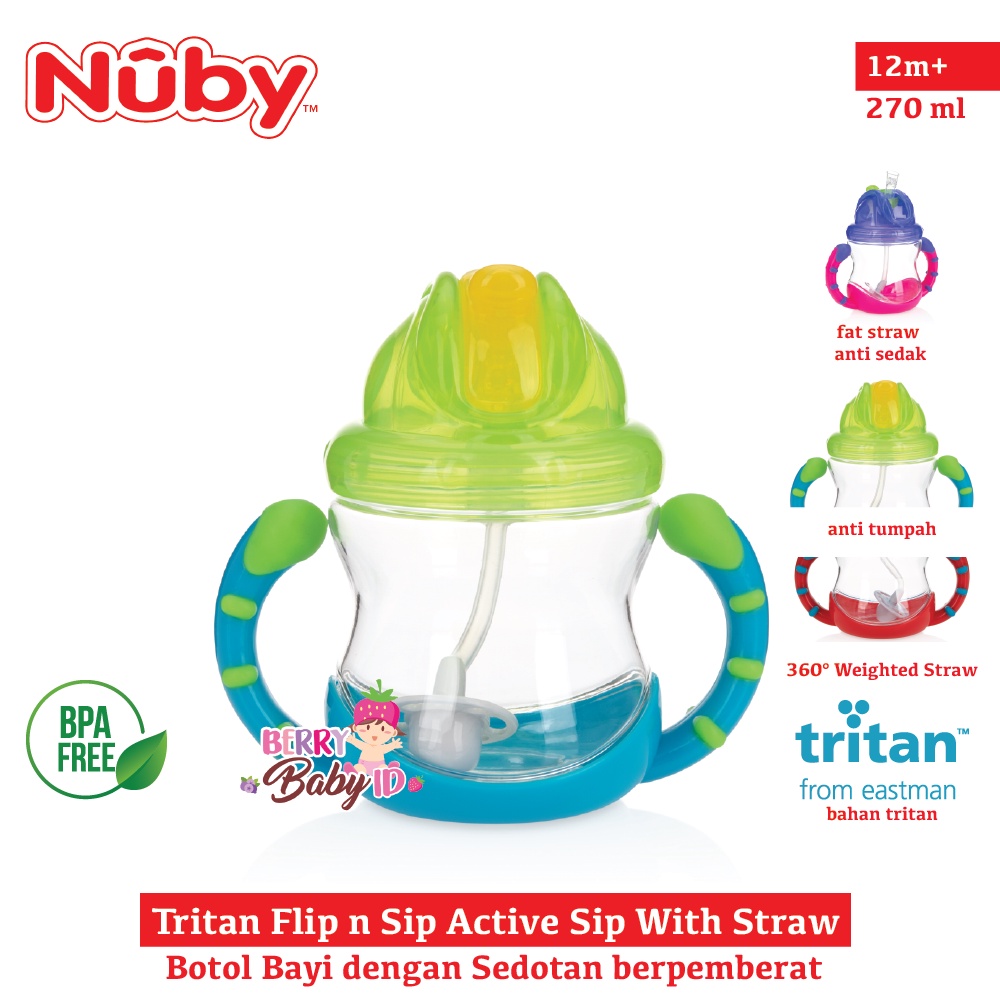 Nuby Tritan Flip n Sip Active Sip With Straw Botol Sedotan Bayi Anak BPA Free Berry Mart