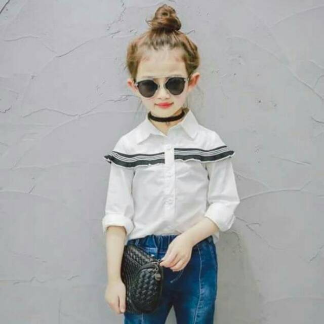 Kemeja anak cewek putih garis hitam
