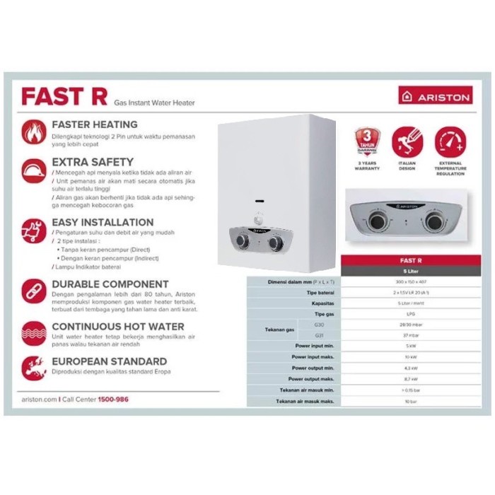 Ariston Instan Water Heater/ Pemanas Air Gas LPG Fast R 5 liter /menit