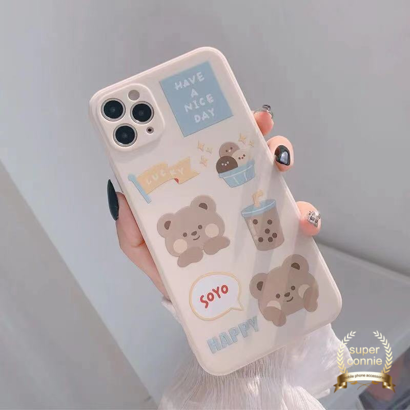 Kawaii Letter Case Kompatibel Untuk iPhone 7Plus 13 11 14 12 Pro Max X XR 7 8 6S 6 Plus XS Max SE 2020 Kartun Beruang Lucu Teh Susu Lembut tpu Penutup Tepi Lurus