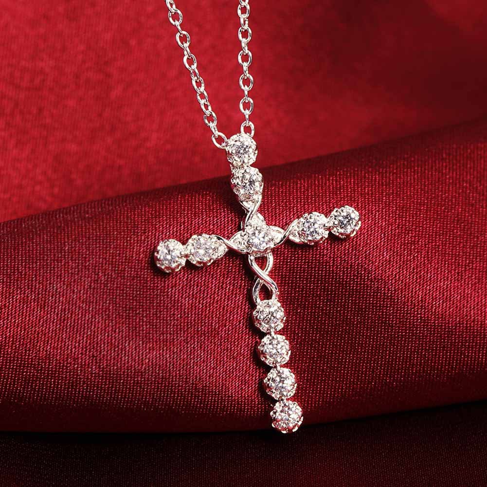 Ladies 925 Sterling Silver Plated Full Diamond Crystal Cross Pendant Necklace