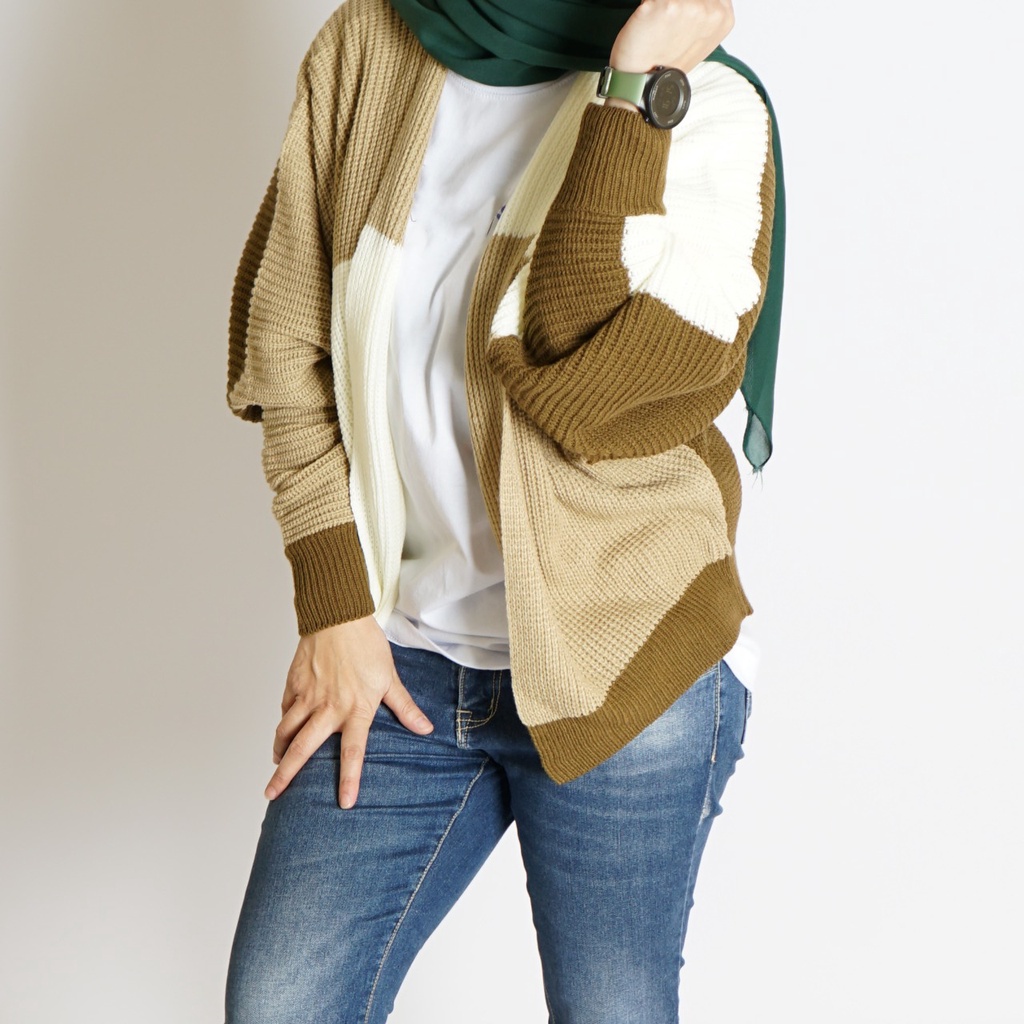 CARDIGAN BATWING RAJUT OVERSIZE PREMIUM/ KOMBINASI / MOCCA OFF WHITE BRONZE