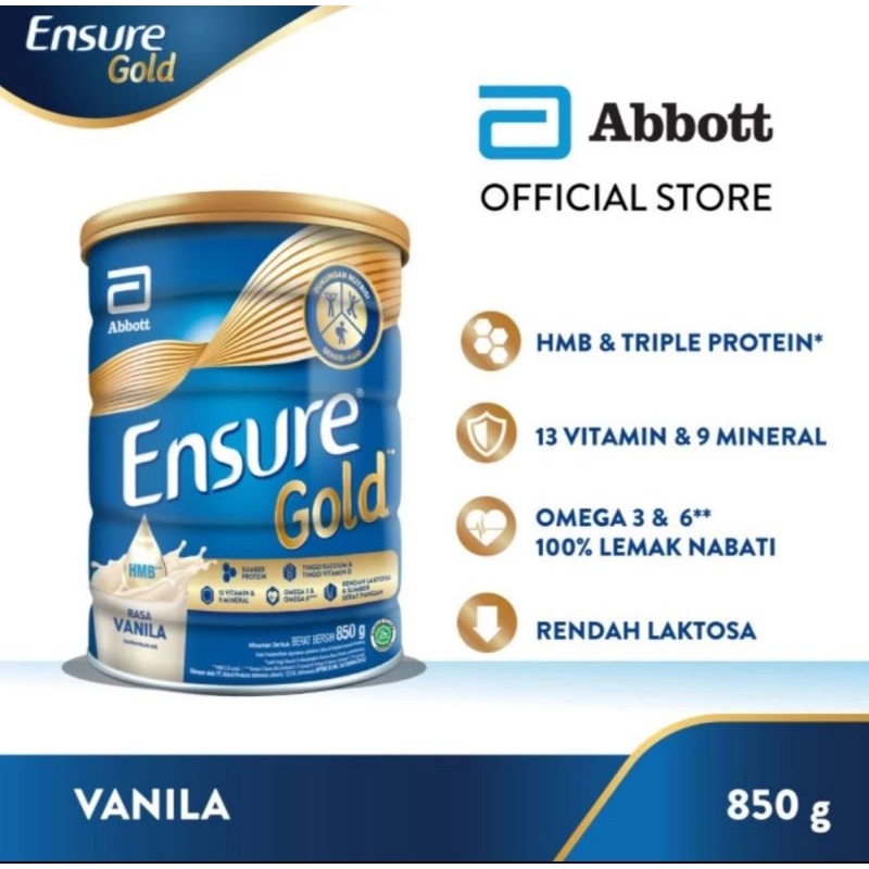 

Ensure gold vanila 800g,150g, gandum 380g susu nutrisi dewasa rendah laktosa