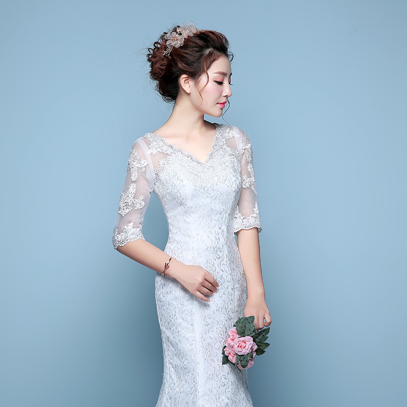 Women Bridal White Mermaid Long Tail Wedding Dress V-neck Half Sleeve Lace Embroidery Wedding Guan