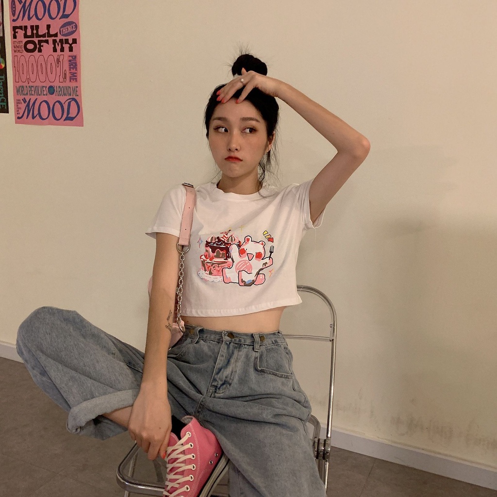 [littlecrab] Kaos Crop Happy Birthday Beruang Ulang Tahun Kue Lilin Unik Lucu Croptop Bday Lembut Berkualitas Beruang Pesta Kue Baju Crop Aesthetic Birthday Top Korean Style