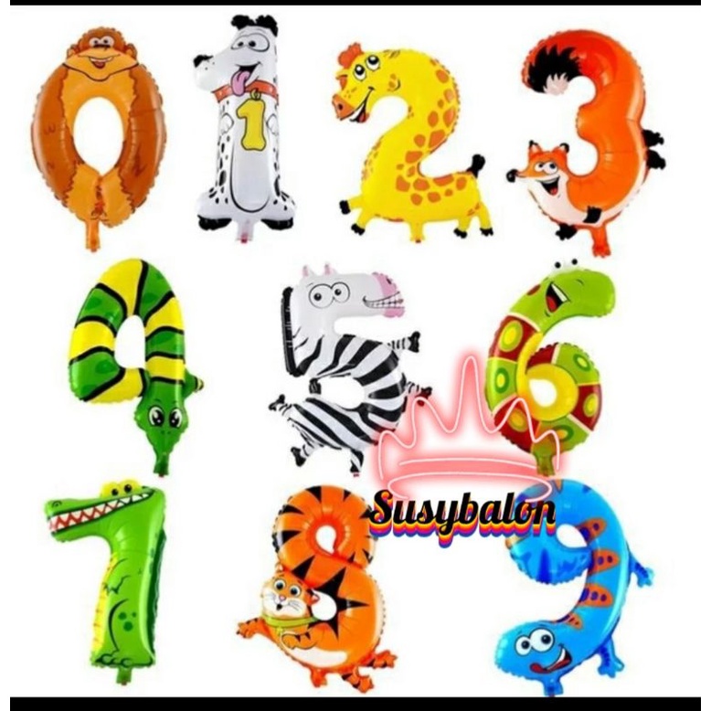 Balon Foil Angka Animal ukr 40cm/Balon Foil Angka