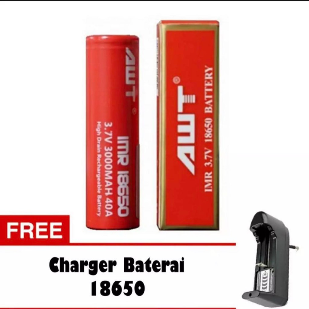 baterai 18650 awt 3000mah free charger 1slot