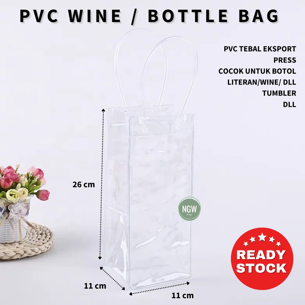 Tas wine Botol bouquet Bunga 11x11x26 PVC mika tebal import handle plastik