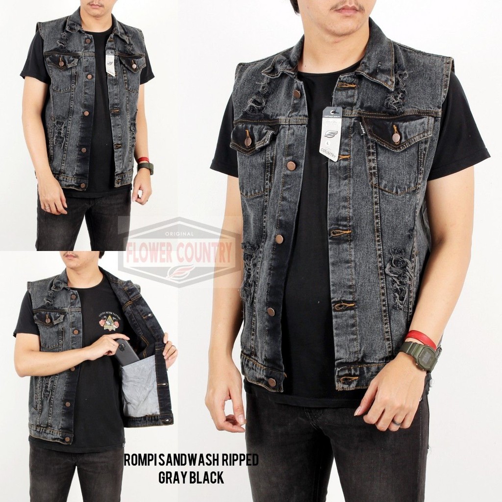 BSTR / Jaket Pria Rompi Sobek Grey Sanwash.Jaket Rompi Motor Bikers.Jaket Rompi Ripped Jeans