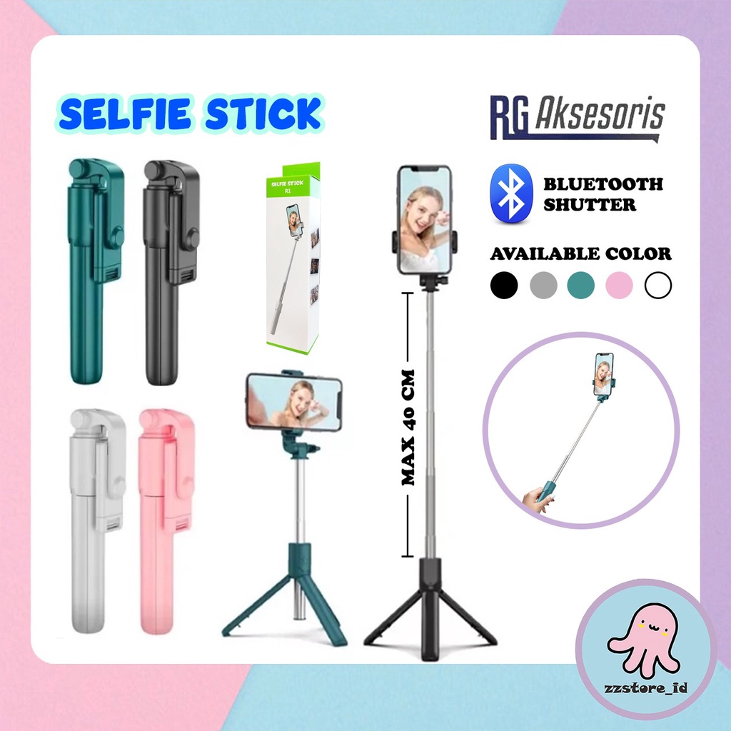 Tongsis Tripod R1 + Bluetooth Remote Shutter 3in1 Putar 360 Derajat / Mini Selfie Stick 360° Penyangga Handphone Kamera Untuk Travelling Aksesoris Fotografi