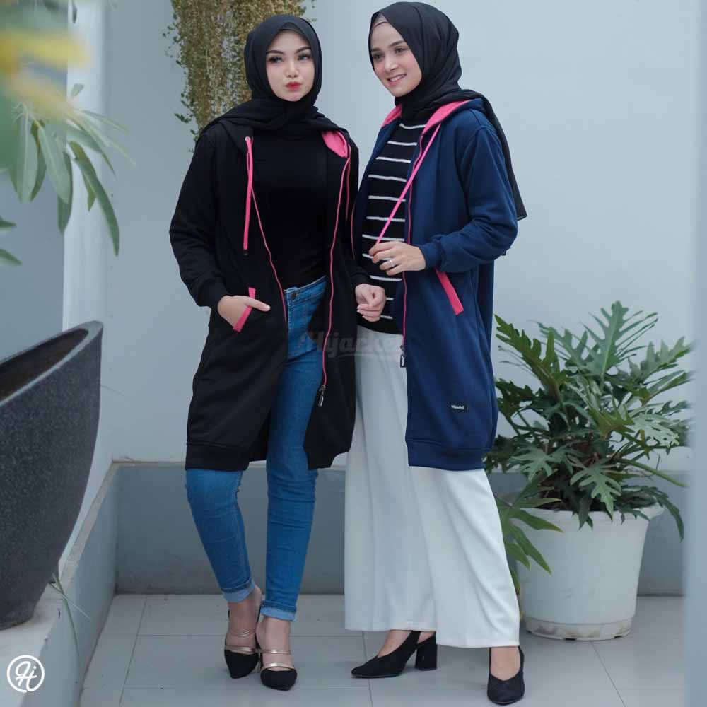 Jaket Jacket Polos Hoodie Panjang Wanita Cewek Hijabers Kekinian Hijacket Fashion Terbaru Hitam & Navy Pink-4