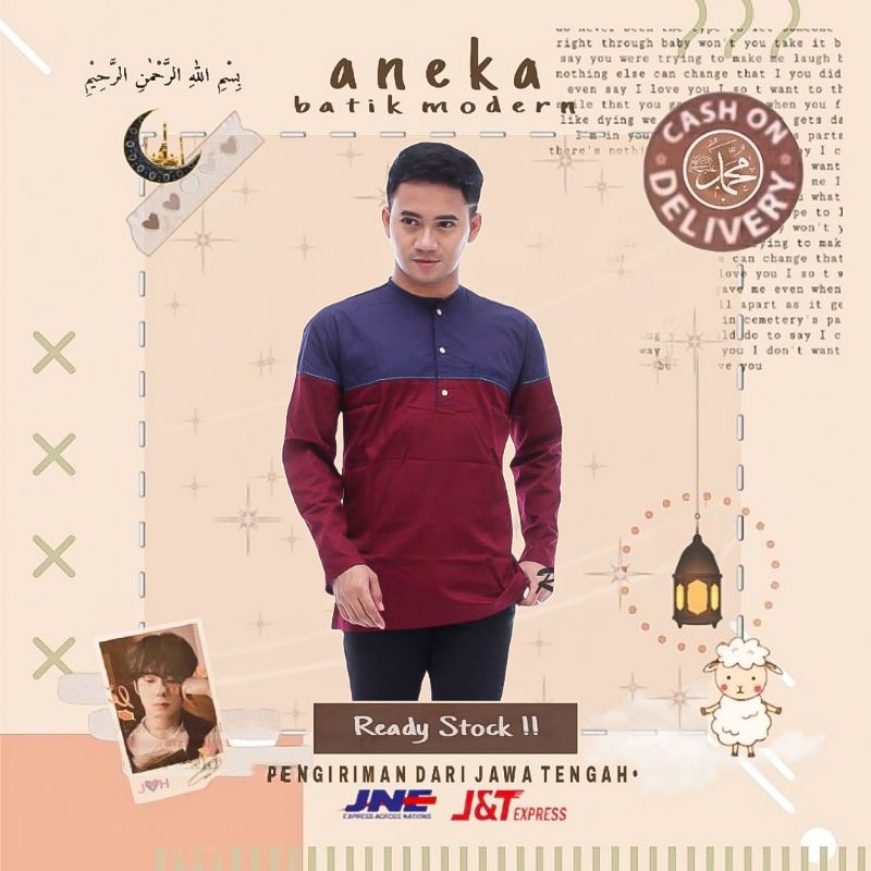 BAJU KOKO MUSLIM PRIA POLOSAN LENGAN PANJANG TWO TONE 2 WARNA MERAH NAVI NAVY ABU ABU GREY GRAY PUTI