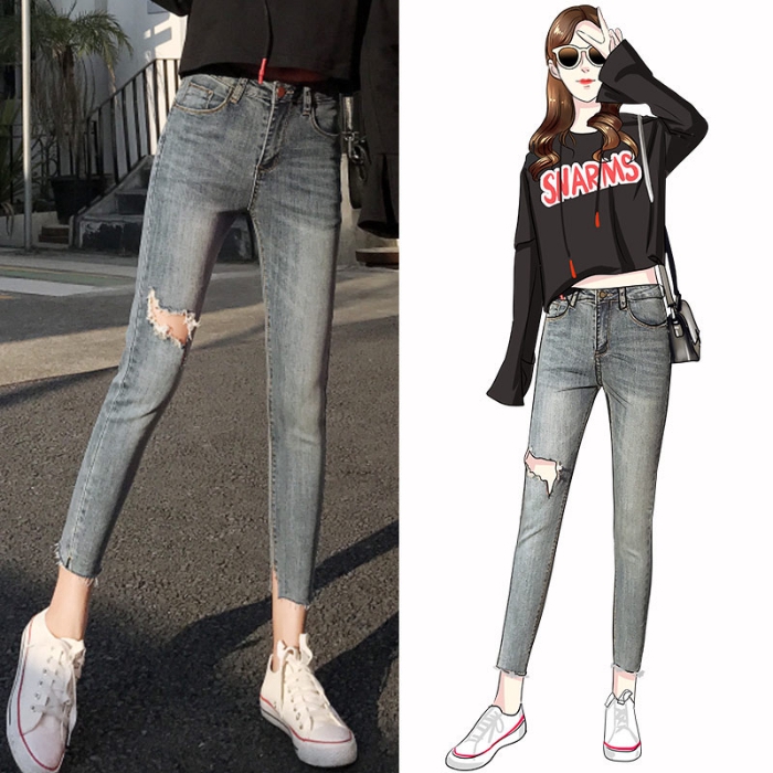  Celana  Panjang Model High Waist Desain Sobek Warna Abu  abu  