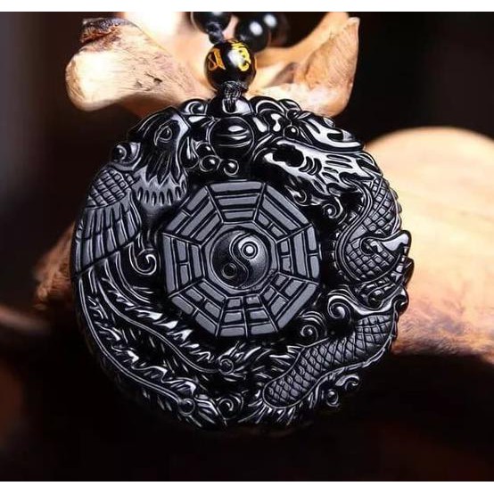 Kalung Obsidian Hitam Patkwa Burung Phoenix Dan Naga Import