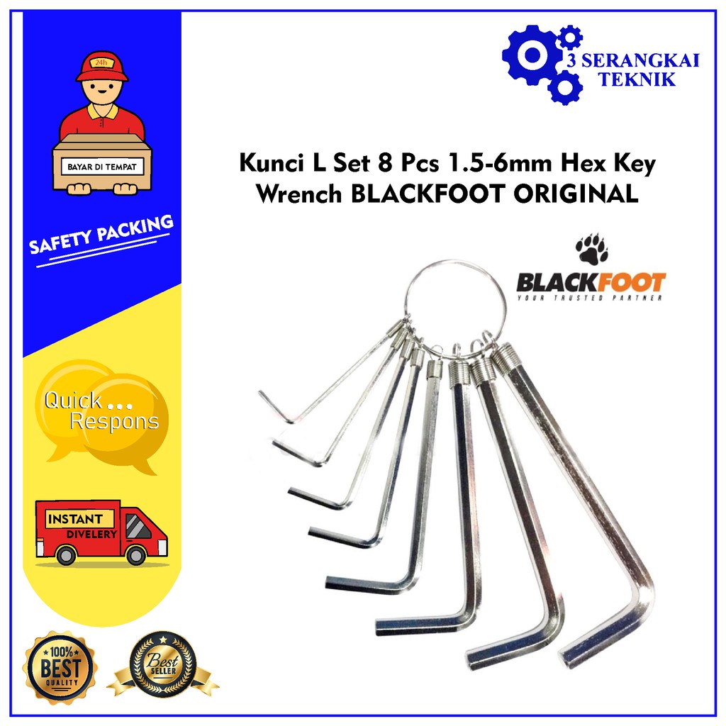 Kunci L Set 8 Pcs 1.5-6mm Hex Key Wrench BLACKFOOT ORIGINAL