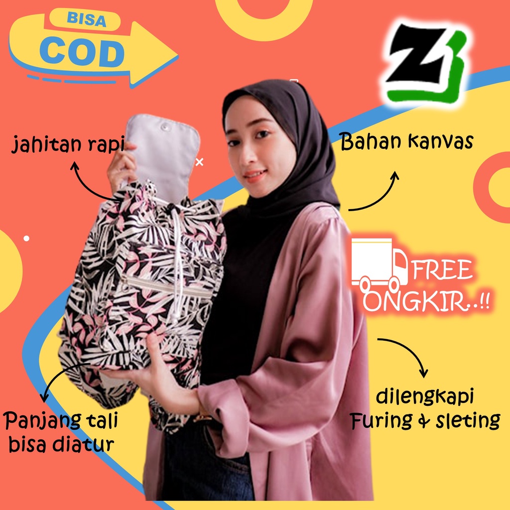 Tas ransel wanita cewek Perempuan Cewe remaja Sekolah kuliah kerja kanvas kekinian serut murah A6-daun bambu pink