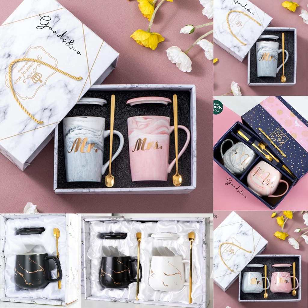 Gelas Couple Marble Mug Set Gift Box Cangkir Couple Mug Set Mr &amp; Mrs