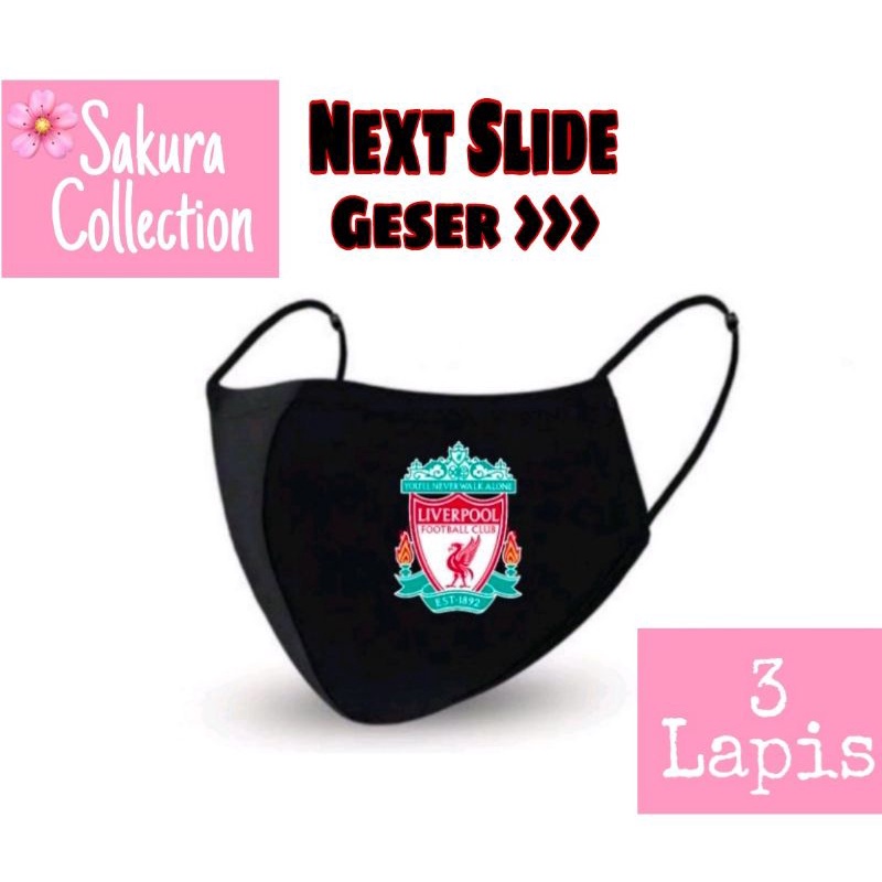 Masker Kain 3 ply hitam LIVERPOOL Liverpudlian liv murah katun Scuba Earloop pria wanita anak dewasa