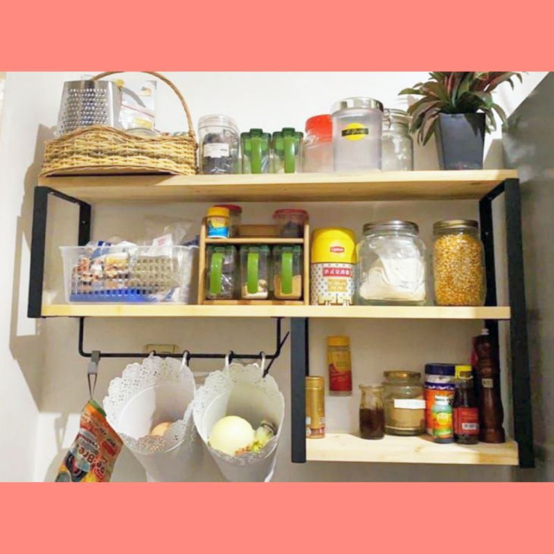 rak dinding kayu rak dapur multifungsi 3 ambalan kayu dan besi