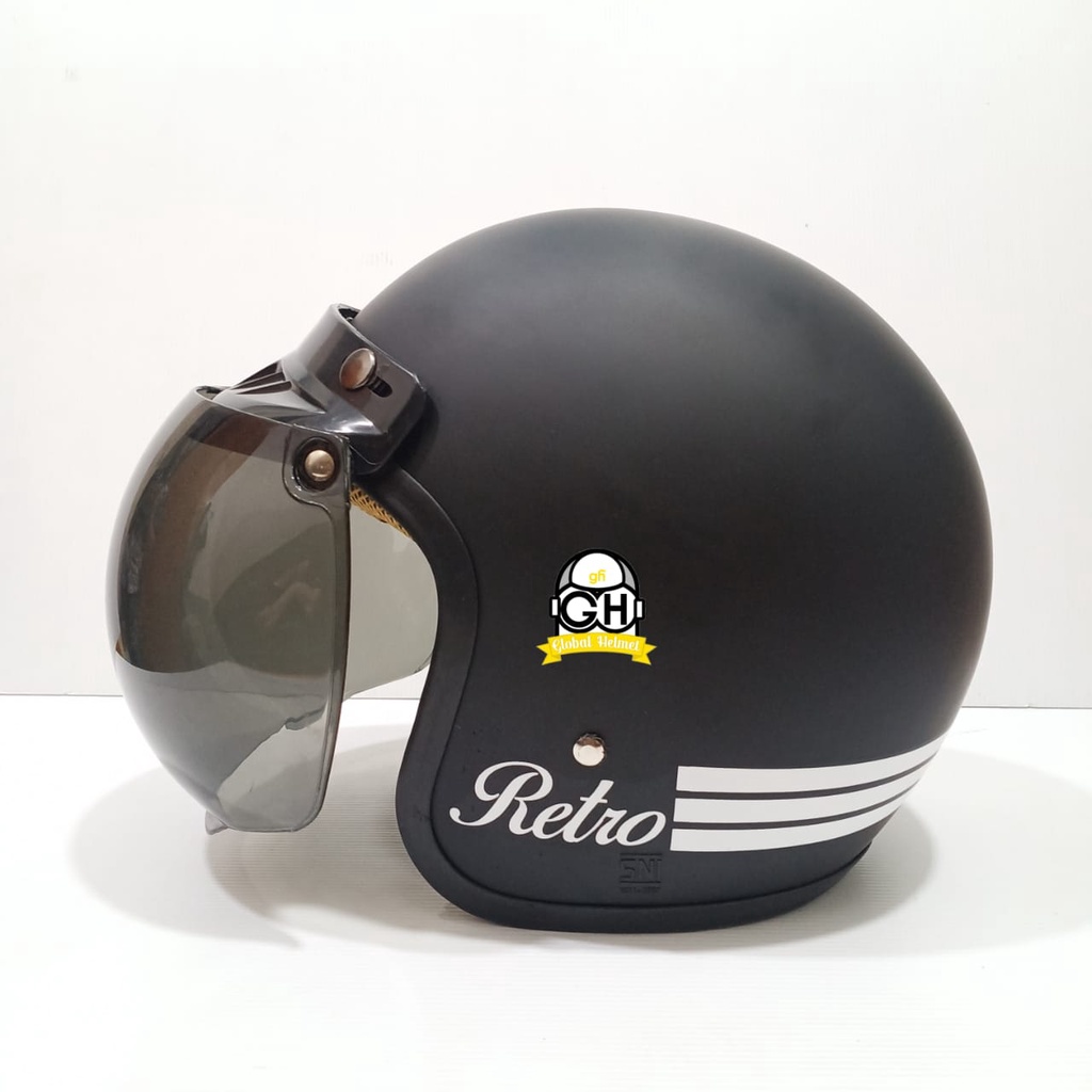 HELM BOGO CLASSIC BLACK DOFF GARIS RETRO MOTOR DEWASA SNI FREE KACA CEMBUNG