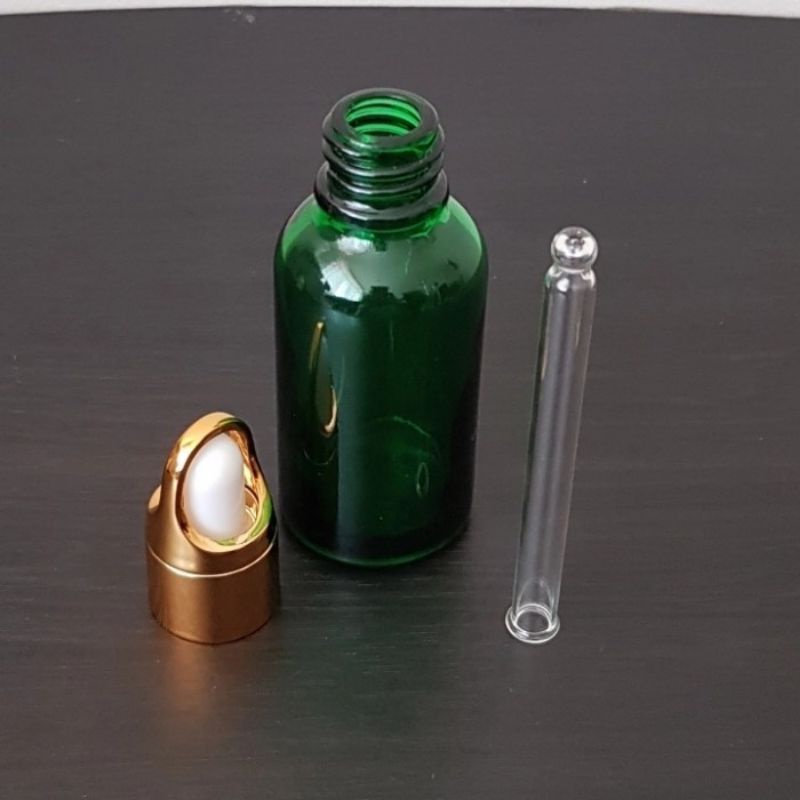 botol kaca pipet 30ml tebal hijau ring gold