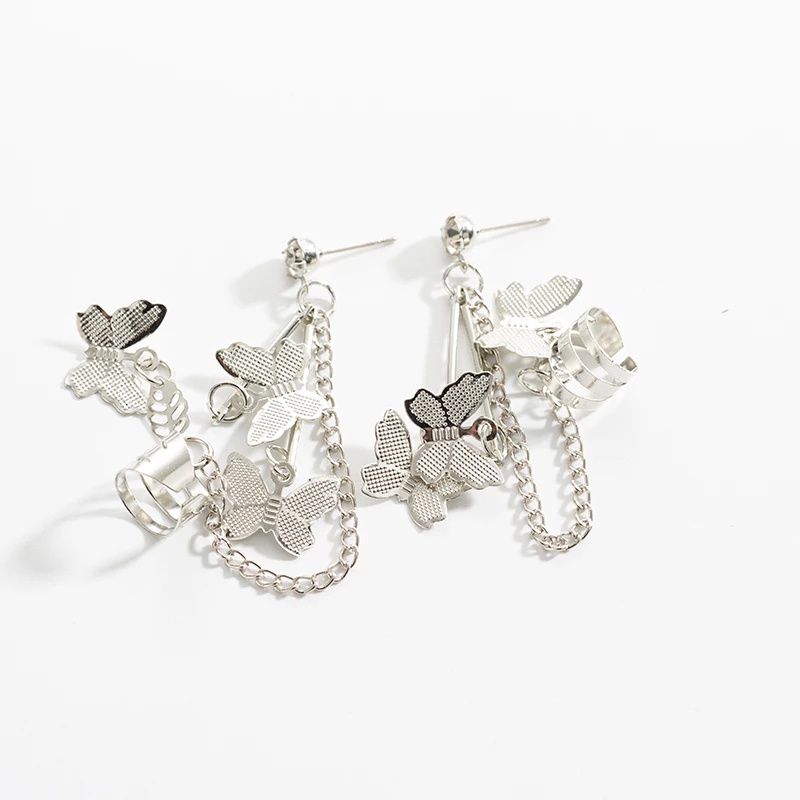 Anting Stud Kait Rantai Menjuntai Hias Liontin Kupu-Kupu Kristal Gaya Vintage Untuk Wanita