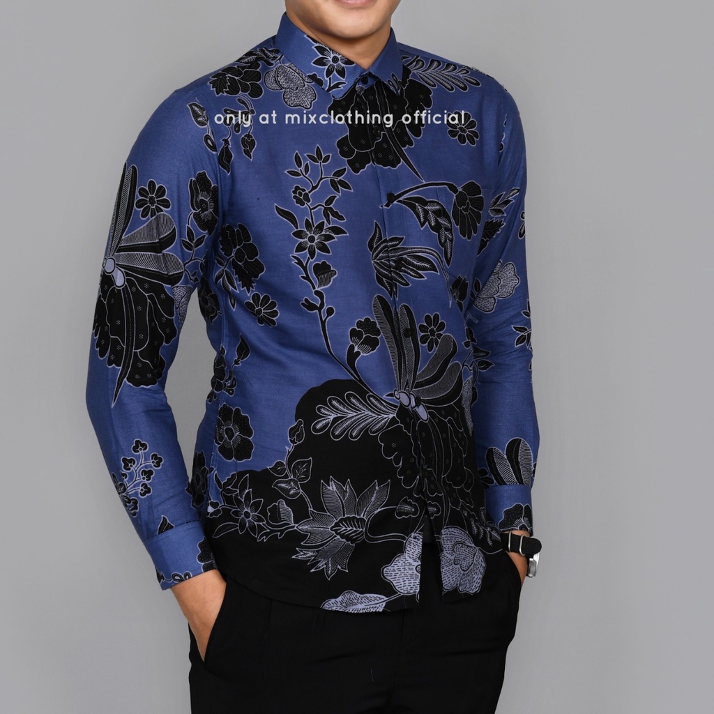 New Premium Baju Kemeja Batik Pria SlimFit Lengan Panjang Capung Biru 1846