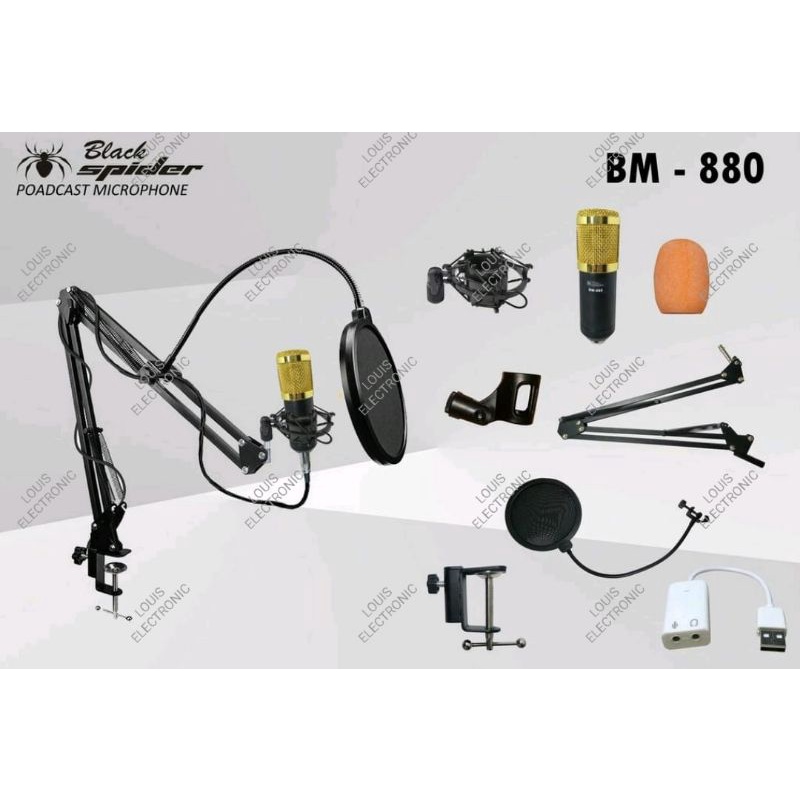 Paket Lengkap Mic Condensor Microphone Podcast Recording Live Youtuber Black Spider BM880 BM 880 ( ORIGINAL )