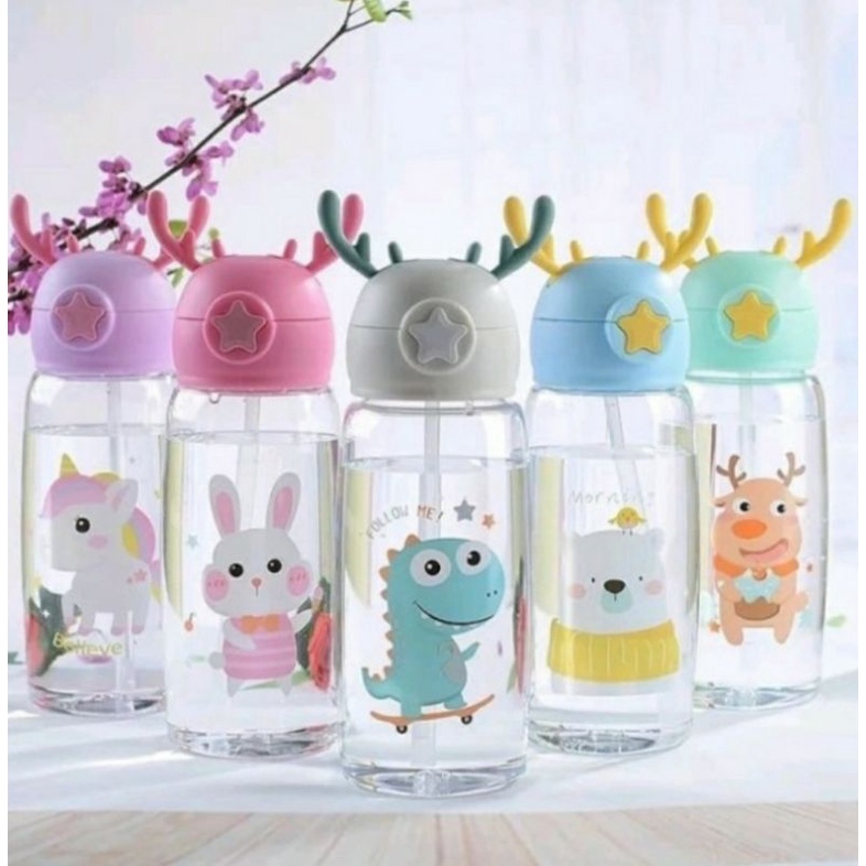 Botol Minum Tanduk Rusa Botol Minum Animal Deer Botol Sedotan Anak 600ml Botol Minum Anak Sekolah Sedotan Tali Panjang Lucu Bentuk Tanduk Rusa BPA free