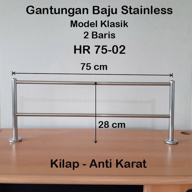 Gantungan Baju Stainless 75cm, 2 Baris