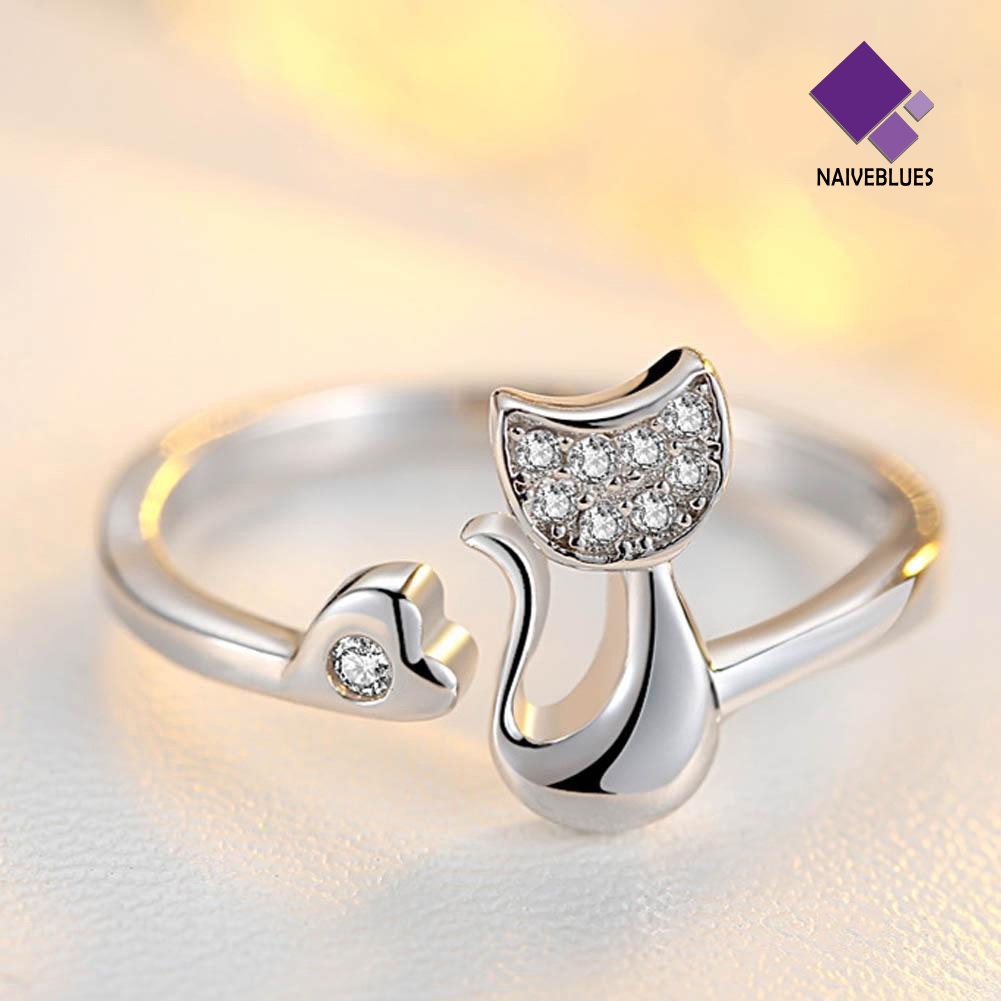 1pc Cincin Model Terbuka Desain Hewan Kucing Hati Bahan Cubic Zirconia