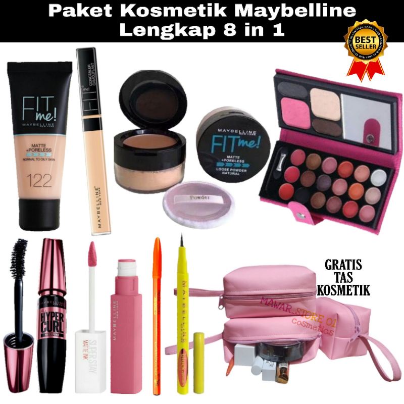 Paket Kosmetik Maybellin Fondation tube Concaeler Bedak tabur 8 In 1 Lengkap Murah