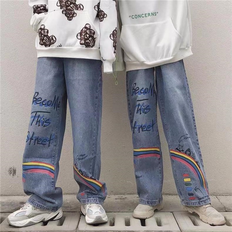 Celana Jeans Pria Tipis Lebar Kaki Celana Lurus Pola Doodle Pelangi Celana Lurus