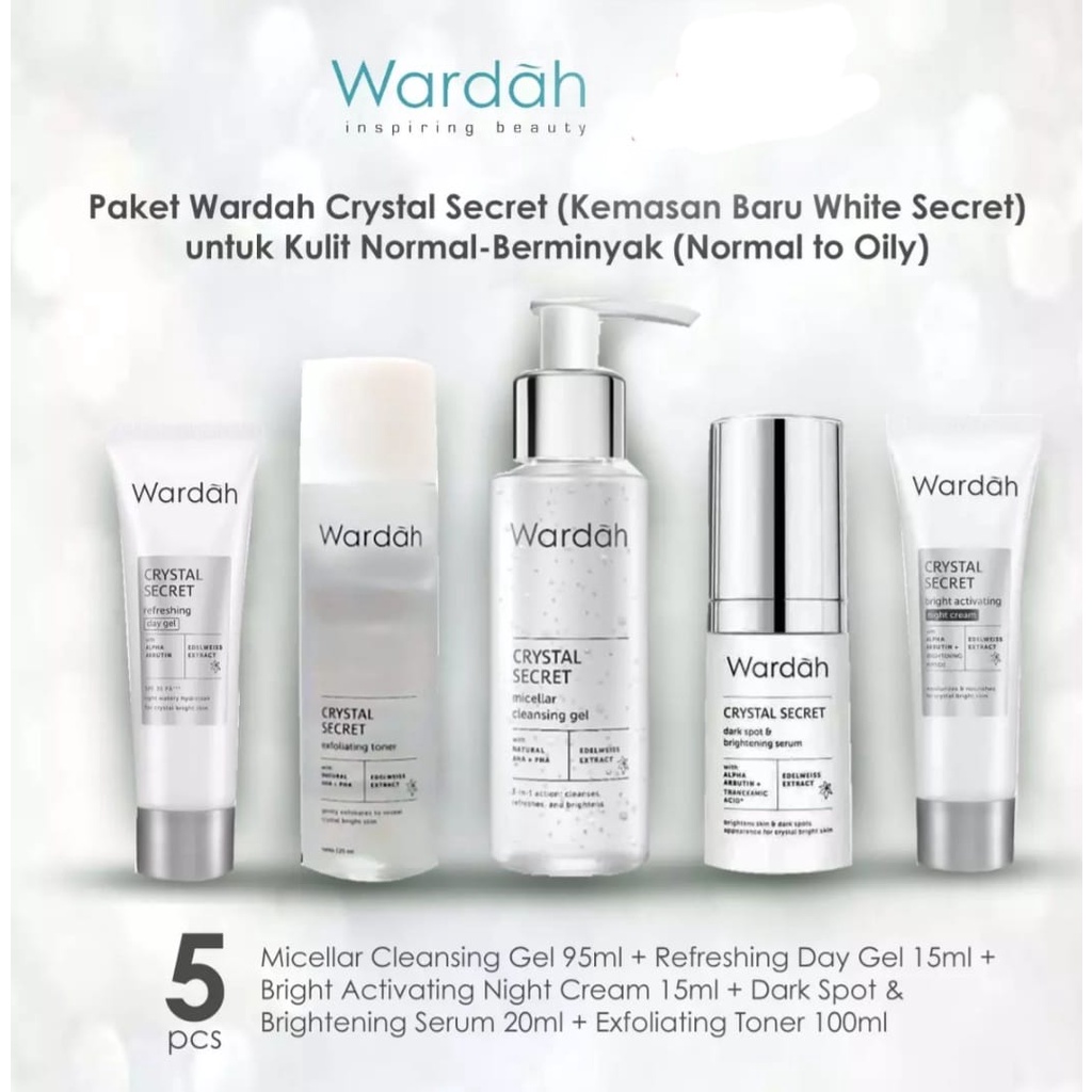 Paket Wardah Crystal Secret (WHITE SECRET) untuk Kulit Normal - Berminyak / Normal to Oily Skin 5pcs