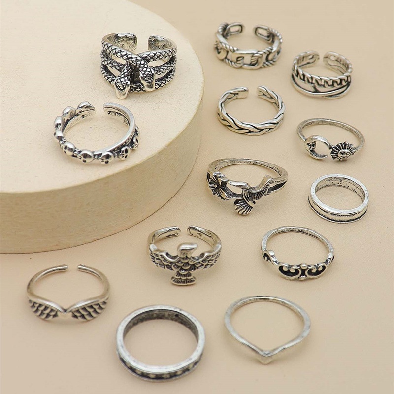 13pcs / set Cincin Desain Elang / Bunga / Bulan / Bintang / Hati / Geometri / Sayap Untuk Wanita