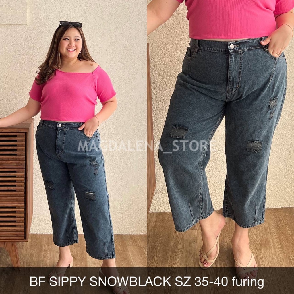 CELANA BF JEANS BIG SIZE WANITA / BF SIPPY RIPPED JEANS JUMBO / JEANS PINGGANG KARET