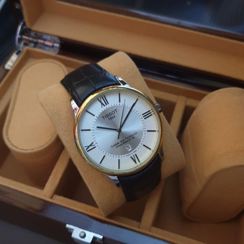 Jam Tangan Pria Tisot 7467 Tali Kulit Tanggal Aktif - Free Box Batre Cadangan Original