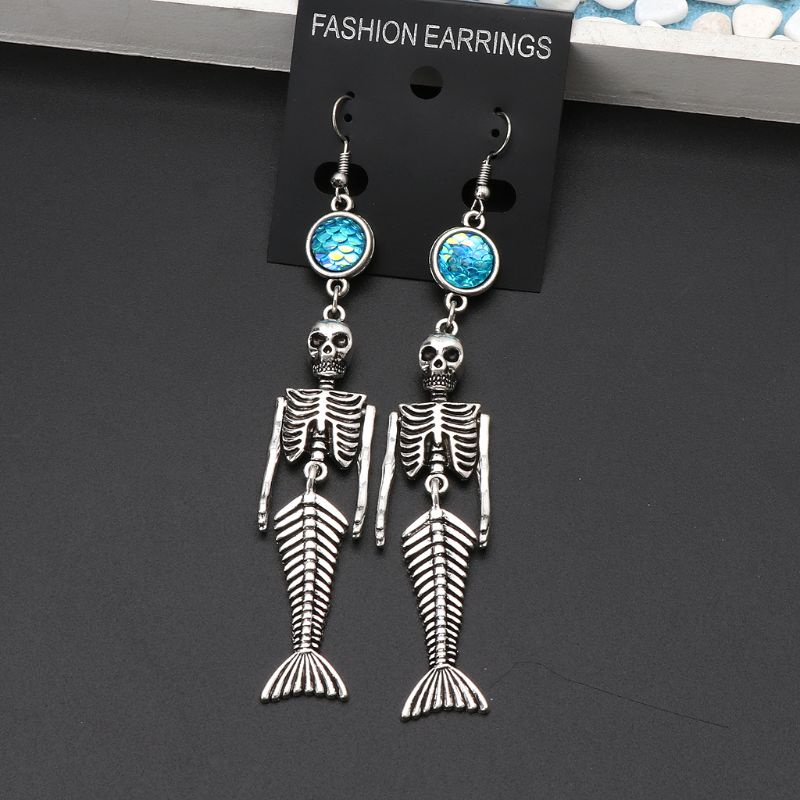 SIY  Beauty Fish Skeleton Sliver Hook Dangle Earrings Gothic Skull Fashion Jewelry
