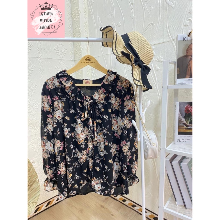 ISTANA MODE JAKARTA Sonya Jumbo baju atasan wanita terbaru blouse korean style blouse wanita lengan panjang-HITAM