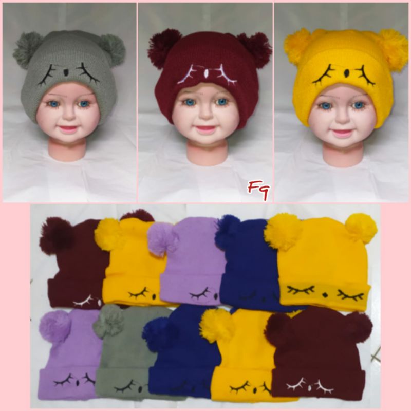 kupluk rajut Turban anak motif salur pita kombinasi silang