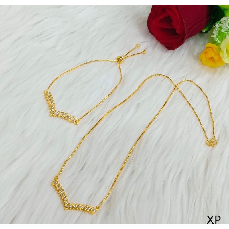 set kalung Fuji dan gelang tangan Fuji motif serut titanium warna gold anti karat