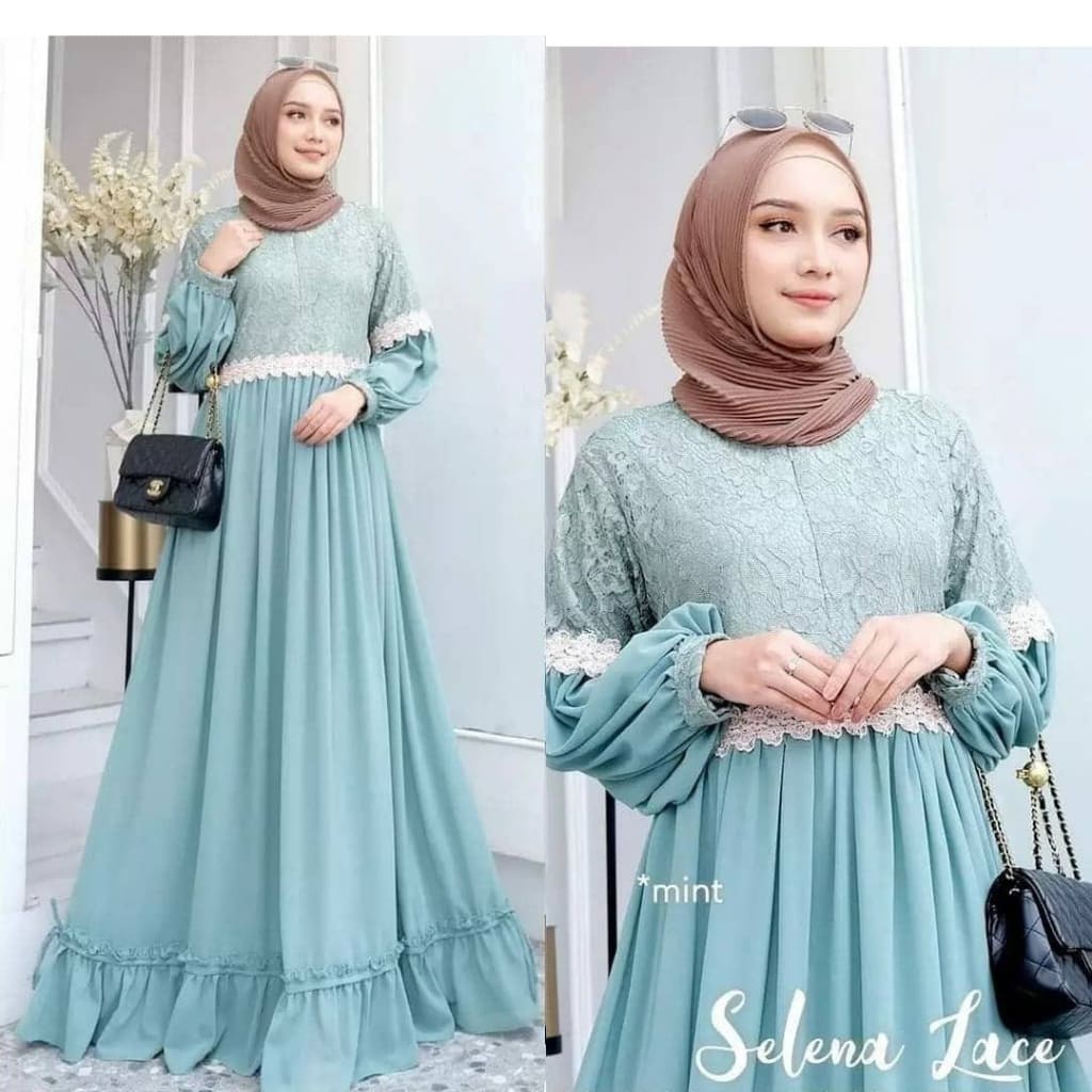 SELENA LACE MAXI Kain CERUTY BABYDOLL FULL PURING MIX BRUKAT RENDA Tersedia Warna : GREY, MINT, DUSTY, GOLD, BROWNIE UKURAN ONE SIZE ( SATU UKURAN ) LINGKAR DADA BAJU -/+ 112 CM PANJANG BAJU -/+ 141 CM PANJANG TANGAN -/+ 57 CM