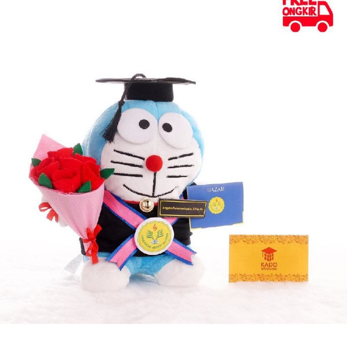 Boneka Wisuda Doraemon buket Bunga dan Ijazah Blue Berkualitas