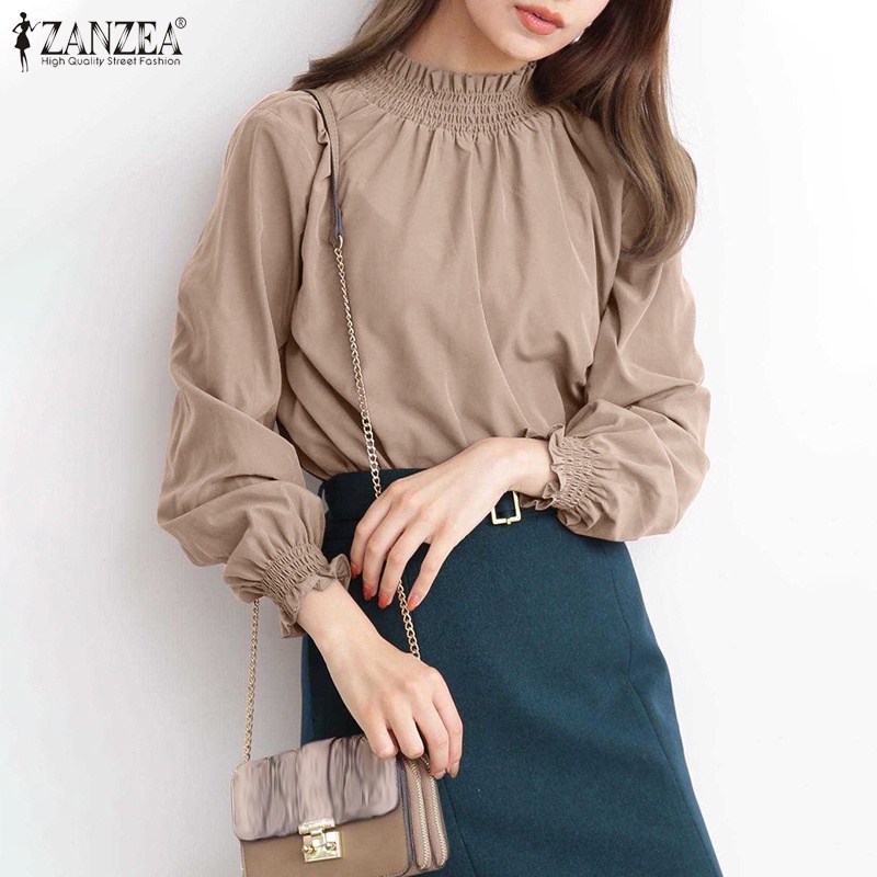 ZANZEA Retro Women Fashion Tops Blouse Solid Color Full Sleeve Turtleneck Casual Holiday Shirt