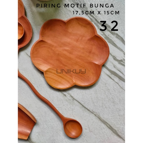 UNIKUY Piring kayu / Piring kayu sawo / Piring ceper / Piring kayu motif bunga